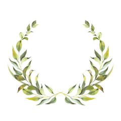 Watercolor greenery wedding invitation card with green leaves, eucalyptus leaves. Floral wreath. Greenery frame. Botanical template for invite, greeting and covers, poligraphy.