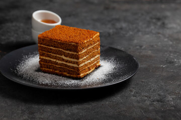 Piece of sweet tasty homemade honey cake with copy space.