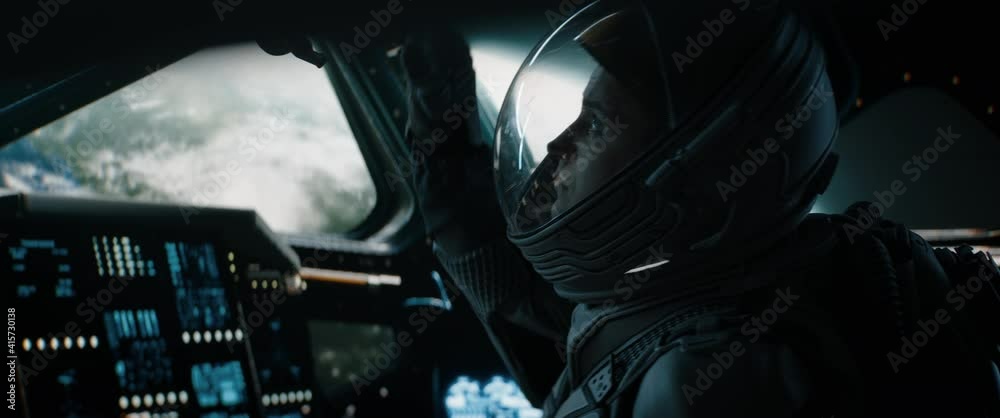 Wall mural portrait of caucasian male astronaut inside spaceship cockpit. sci-fi space exploration concept. sho