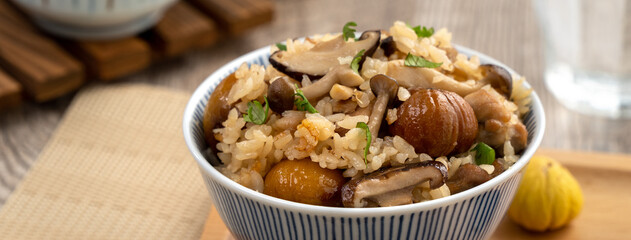 Delicious Japanese chestnut and chicken with shimeji seasoned mixed rice (takikomi gohan).