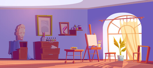 Art studio, painter room with canvas and brushes on easel, paints on shelves and colored pencils. Vector cartoon interior of artist workshop with materials and tools for creative craft
