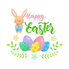 Happy Easter lettering poster decorated with eggs, bunny, flowers. Vector isolated colorful illustration in flat style.