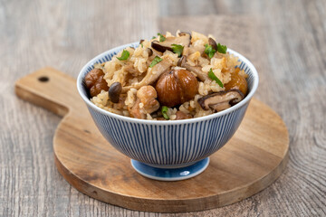Delicious Japanese chestnut and chicken with shimeji seasoned mixed rice (takikomi gohan).