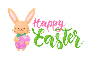 Happy Easter lettering  with bunny holding egg. Vector isolated colorful illustration in flat style.