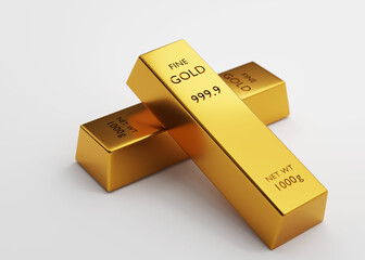 3d rendering Two gold bars 1000 grams on a white background. financial and Banking business concepts, background concepts,  3D illustration.