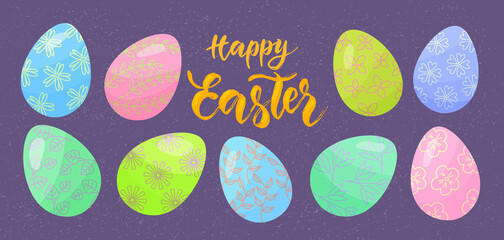 Happy Easter lettering with eggs decorated with flower pattern. Vector colorful illustration in flat style on dark textured background.