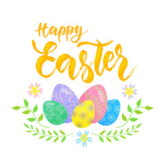 Happy Easter lettering design with eggs, lowers. Vector isolated colorful illustration in flat style.