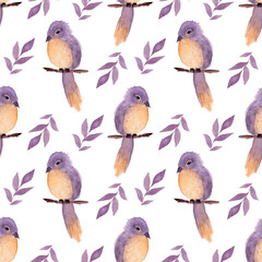 seamless pattern with birds, tender spring pattern with watercolor purple birds and leaf on a white background