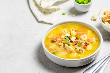 Creamy split pea soup with ham. Space for text.