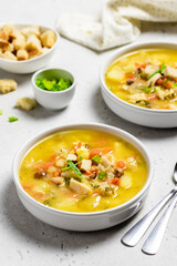 Comfort food, winter homemade split pea soup with smoked turkey. Space for text.