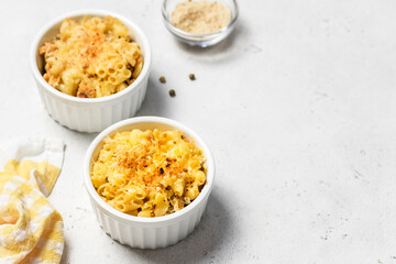 Oven baked homemade macaroni and cheese in backing dish.Space for text.