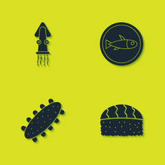 Set Octopus, Sushi, Sea cucumber and Served fish on plate icon. Vector.