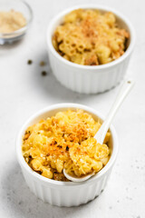 Pasta casserole mac and cheese  in backing dish.Space for text.