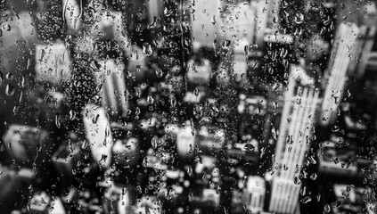 City view through the glass in the rain. Not real city.