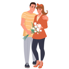 Cute sweethearts couple. Man giving flowers to woman. Isolated flat vector illustration about romantic date.