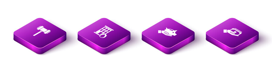 Set Isometric Judge gavel, Fire in burning house, Piggy bank and Stacks paper money cash icon. Vector.