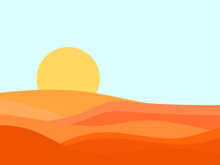 Fototapeta na wymiar Desert landscape with dunes in a minimalist style. Yellow sun flat design. Boho decor for prints, posters and interior design. Mid Century modern decor. Vector illustration
