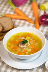 Fresh Vegetable soup in a white bowl, France