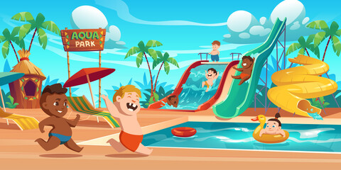 Kids in aquapark, amusement aqua park with water attractions, boys riding slide, girl swimming in pool on inflatable ring, outdoor playground for children entertainment, Cartoon vector illustration