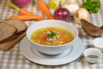 Fresh Vegetable soup in a white bowl, France