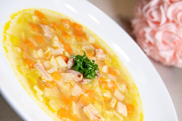 Fresh Vegetable soup in a white bowl, France