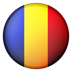 Fototapeta premium Glass light ball with flag of Romania. Round sphere, template icon. Romanian national symbol. Glossy realistic ball, 3D abstract vector illustration highlighted on a white background. Big bubble.