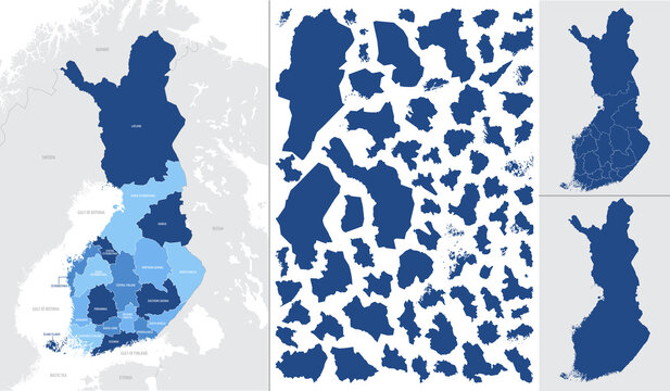Detailed, vector, blue map of Finland with administrative divisions into regions country