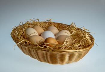 Fresh, rural eggs in basket. Free range.