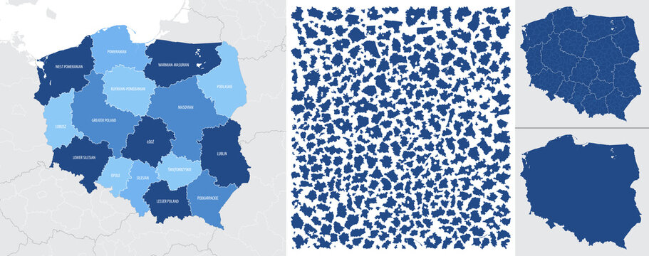 Fototapeta Detailed, vector, blue map of Poland with administrative divisions into regions country
