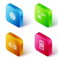 Set Isometric line UV protection, Drill machine, 3D cinema glasses and Smartphone battery charge icon. Vector.