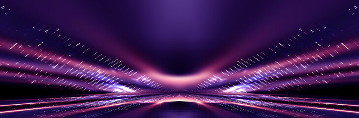 Fototapeta na wymiar Abstract modern purple neon background. Futuristic rays and moon. Dark LED stage with geometric patterns. Symmetrical reflection, noeon light. 3D illustration. 