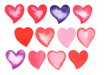 Watercolor Pink, Red and Violet Love Hearts isolated