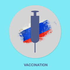 Syringe for vaccination against the background of the flag of Russia. Icon on a blue background....