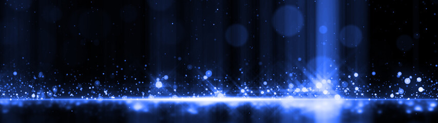 Panoramic Dark Blue Particles Night Awards Background. Abstract Blue Particle Glitter Luxury Background.
