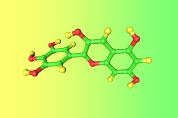Molecular model of delphinidin, an anthocyanidin found in pigmented fruits and vegetables with anti-inflammatory, anti-angiogenic, antioxidant properties. Scientific background. 3d illustration
