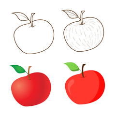 Different styles of apples, contour doodle and textured. Realistic with gradient and cartoon. Isolated colored objects on a white.