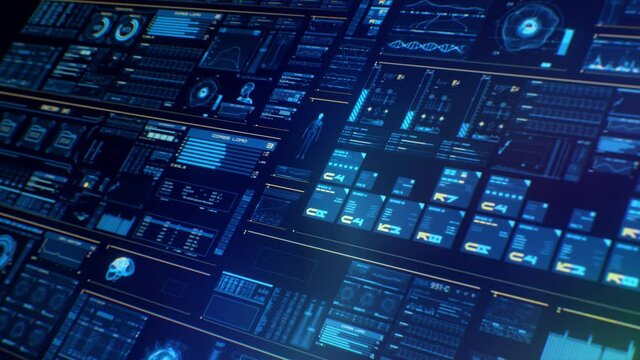 Perspective view of azure futuristic interface with digital elements, folders, histograms, numbers and code running. Looping HUD head-up display computer data. Fade in screen. Data Flowing