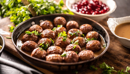 Swedish meatballs, kottbullar, in a pan topped with fresh parsley - obrazy, fototapety, plakaty