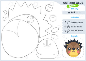 Cartoon hedgehog. Education paper game for preshool children. Cut parts of the image and glue on the paper. Vector illustration. Cut and Glue Game.