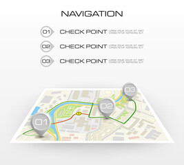 Location icon map. Road infographic color pin pointer. City map navigation route, simple city GPS navigation, itinerary destination arrow paper city map. Route delivery check point infographic © volonoff
