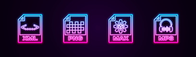 Set line XML file document, PNG, MAX and MP3. Glowing neon icon. Vector.