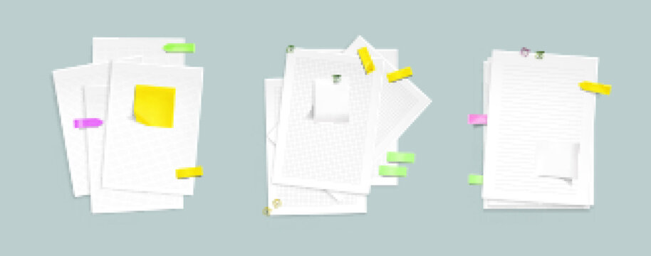Paper sheet stacks with sticky notes and clips. Vector realistic mockup of notebook pages with pattern of lines, dots and square grid, color memo stickers and paperclips isolated on gray background
