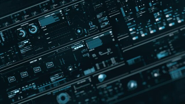 Perspective view of blue futuristic interface with digital elements, folders, histograms, numbers and code running. Looping HUD head-up display computer data. Fade in screen. Data Flowing