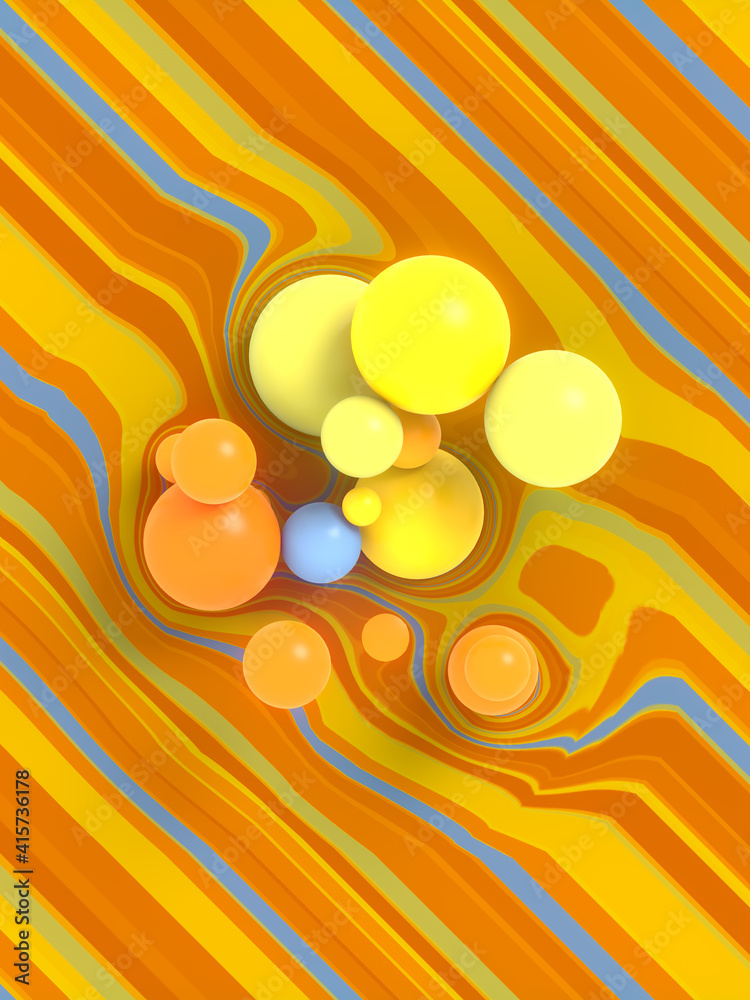 Poster 3d rendering group of colored balls on light striped backdrop. Graphic design element. Digital illustration background
