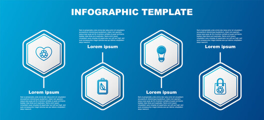 Set line Eco friendly heart, nature leaf and battery, Light bulb with world globe and Shopping bag recycle. Business infographic template. Vector.