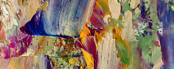 Bunter abstrakter Malereihintergrund. Moderne Motive bildende Kunst. Intensive mehrfarbige Mischung aus lebendigen Ölfarben. Trendige handbemalte Leinwand. Malen Sie Pinselstriche auf Leinwand für trendige Postertapeten. © Valeriy