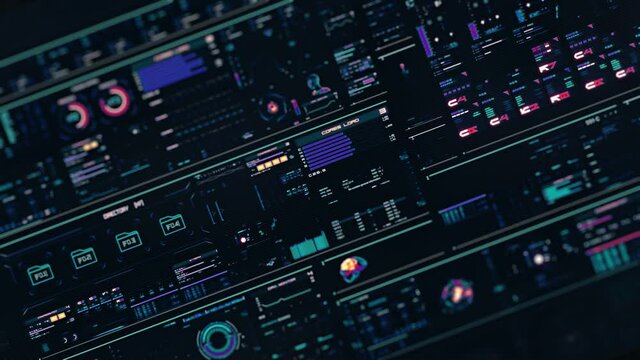 Perspective view of multicolored futuristic interface with digital elements, folders, histograms, numbers and code running. Looping HUD head-up display computer data. Fade in screen. Data Flowing. Art