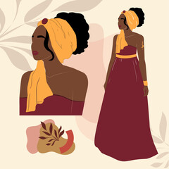 Fashion vector illustration portrait of a girl in abstract style. Afro American. Trend flat style boho. Avatar with leaves