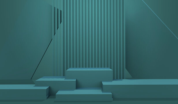 3D geometric render scene in tidewater green. Abstract and minimalist pedestals for products presentation
