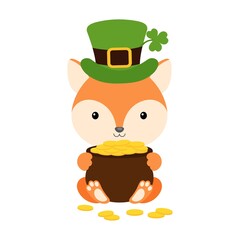 Cute fox in green leprechaun hat with clover holds bowler with gold coins. Cartoon sweet animal. Vector St. Patrick's Day illustration on white background. Irish holiday folklore theme.